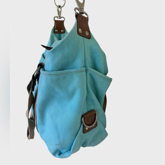 Fossil Blue Canvas Duffel Travel Bag Leather Trim - Picture 5 of 11